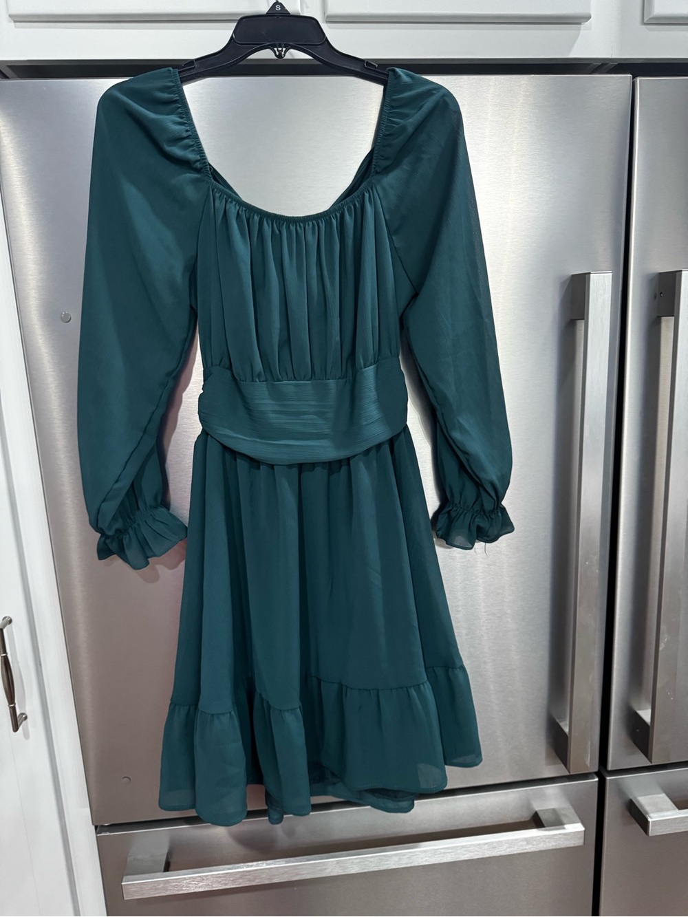 Teal Long-Sleeve Gathered Waist Dress